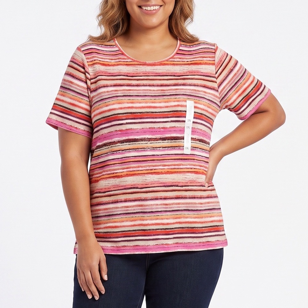 Croft & Barrow T-Shirt Womens 1X Crewneck Pink Orange Striped Cotton New